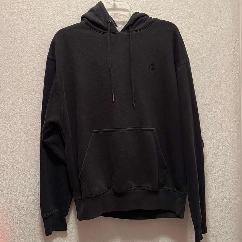 Men Champion Black Grey Hoodie Hooded Sweatshirt Size Medium with Drawstrings